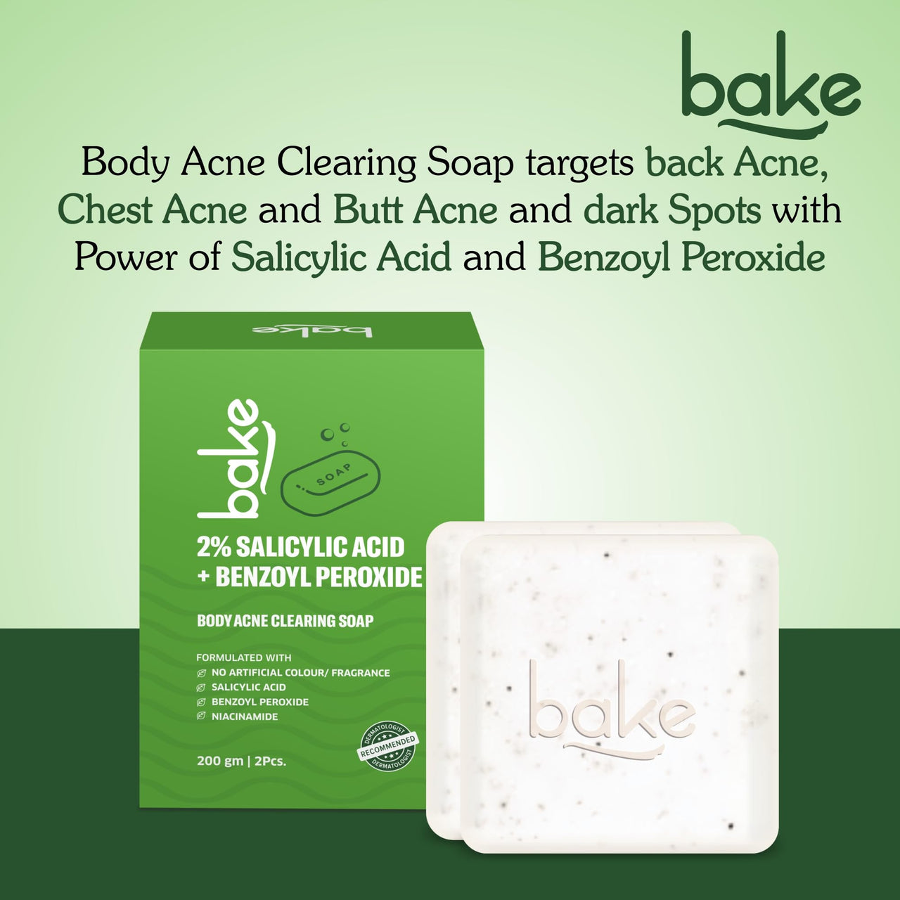 BAKE 2% Salicylic Acid Soap (2 pcs) Scrub Treatment with Niacinamide for Body & Back Acne, Reduces Strawberry Legs | Fades Dark Spots | Non Drying Formula | Soap For Men & Women | 100g x 2
