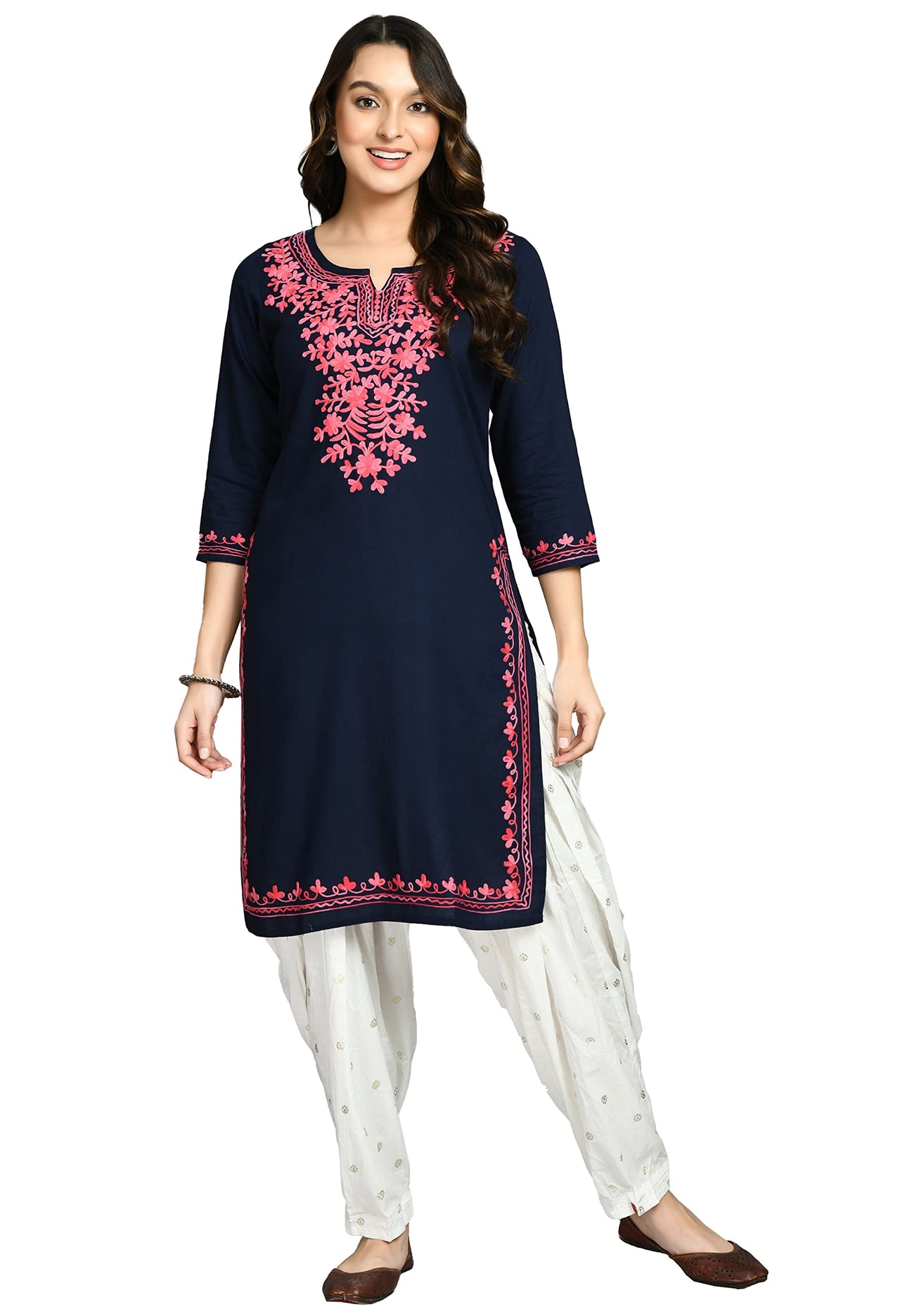 QAZMI Women's  Cotton Straight Embroidered Kurti Black L