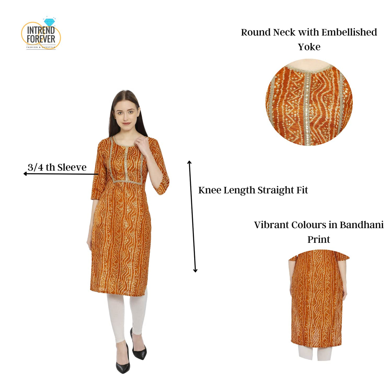 InTrend Forever Bandhani Foil Print Designer || Cotton Kurta for Ladies || Straight Fit || Zari & Sequins lace || Kurtis for Women