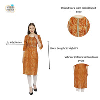 InTrend Forever Bandhani Foil Print Designer || Cotton Kurta for Ladies || Straight Fit || Zari & Sequins lace || Kurtis for Women