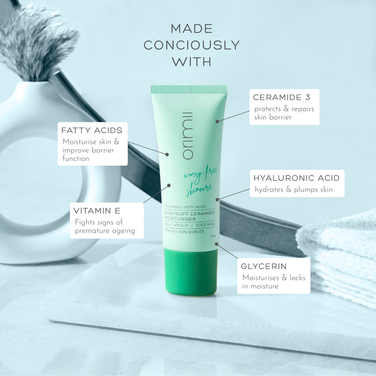 Orimii Face Moisturizer with Ceramide For Skin Barrier Repair | Lightweight & Non Sticky Face Cream for New & Expecting Mothers - Pregnancy & Breastfeeding Safe (50ml)