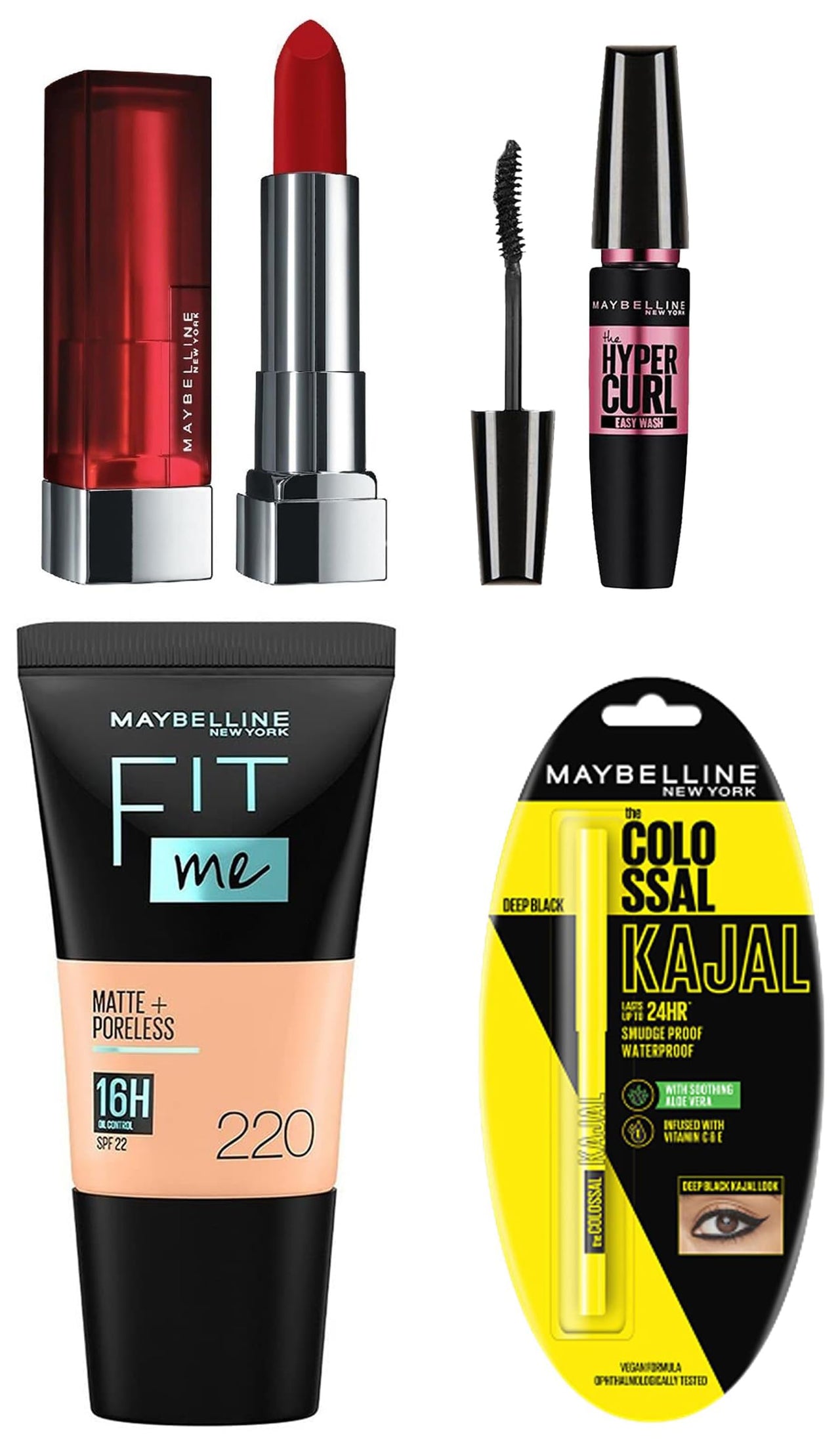 Maybelline New York Date Night Makeup Kit - Fit Me Foundation Tube Natural Beige + Hypercurl Mascara Washable + Colossal Kajal + Creamy Matte Siren In Scarlet, 1 Count
