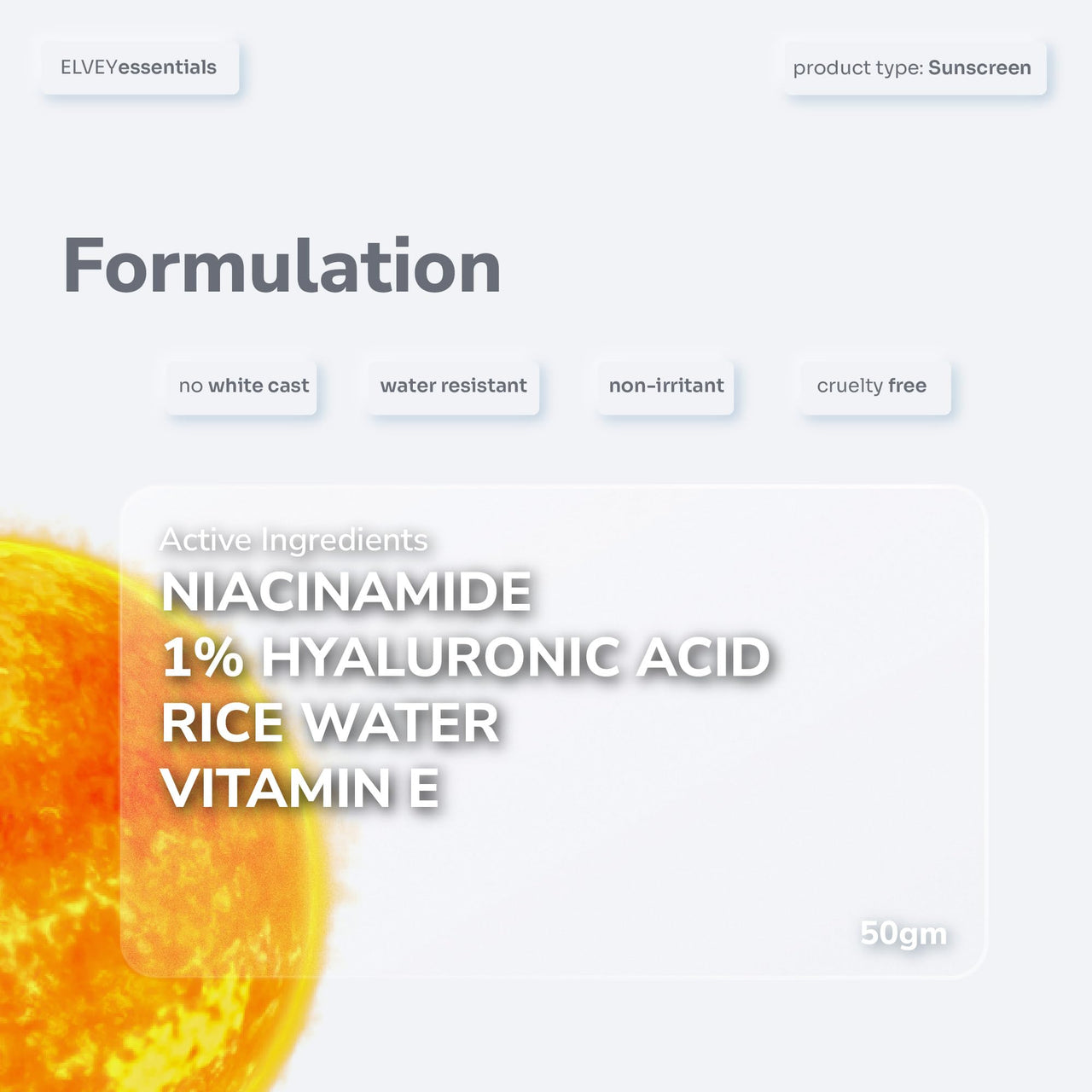 Elvey Essentials Hydrating Sunscreen SPF 50+ PA++++ with Hyaluronic Acid, Niacinamide & Rice Water for All Skin Types | Broad Spectrum, UVA/UVB & Blue Light Protection | No White Cast, Water Resistant & Non Irritant (50g)