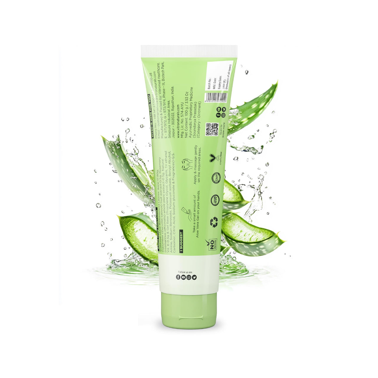 Vitro Aloe Vera Gel for Face, Skin and Hair - with Vitamin E, Rosemary Extract, Cucumber Extract and Aloe vera Juice - 100ml