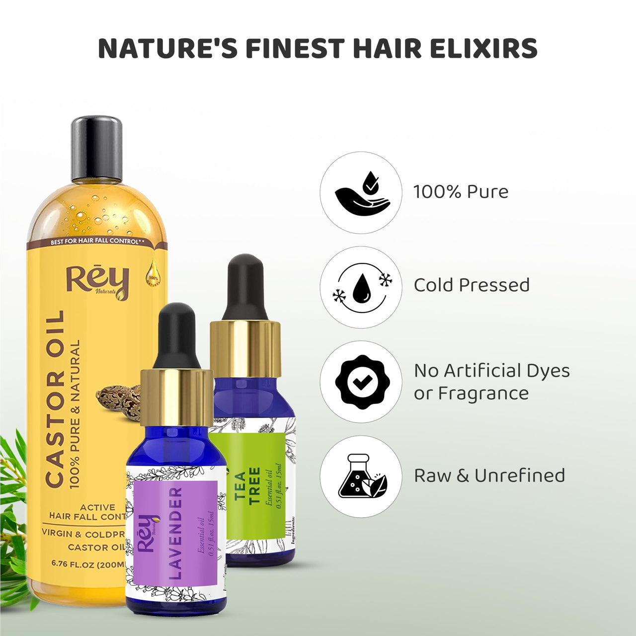 Rey Naturals Cold Pressed Castor Oil For Hair Growth (200ml), Tea Tree Oil For Hair and Lavender Oil For Hair Growth & Shiny Hair (15ml Each) | Lavender Essential Oil DiffuserTea tree Oil For Face &