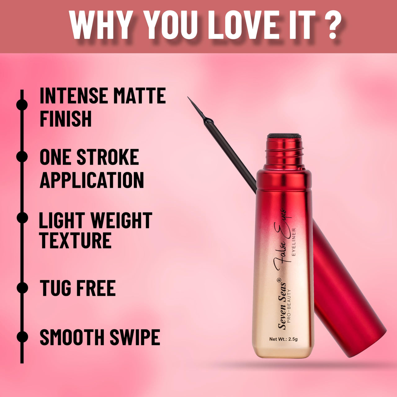 Seven Seas Waterproof | Smudgeproof | Long Lasting | Intense Black | False Eyes Eyeliner (Black,2.5g)