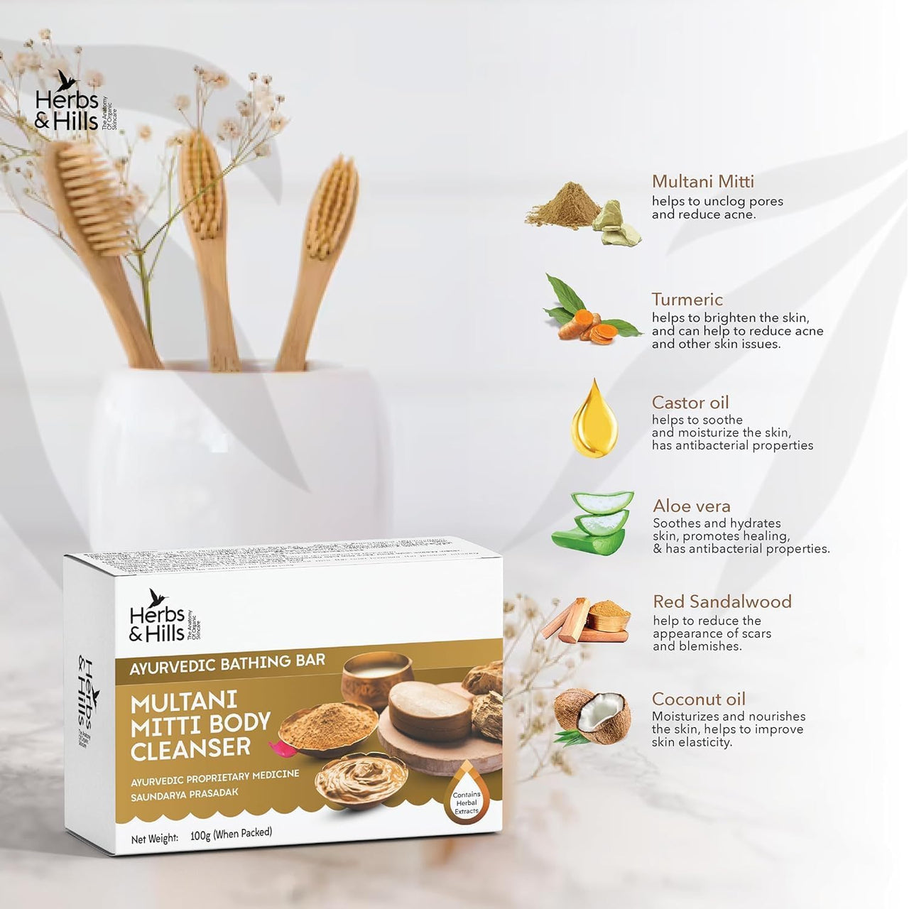 Herbs & Hills Multani Mitti Body Cleanser Pack of 4-100g Each | Gentle Exfoliation for Glowing Skin | Banish Pimples and Scars | Soothe Skin Irritations