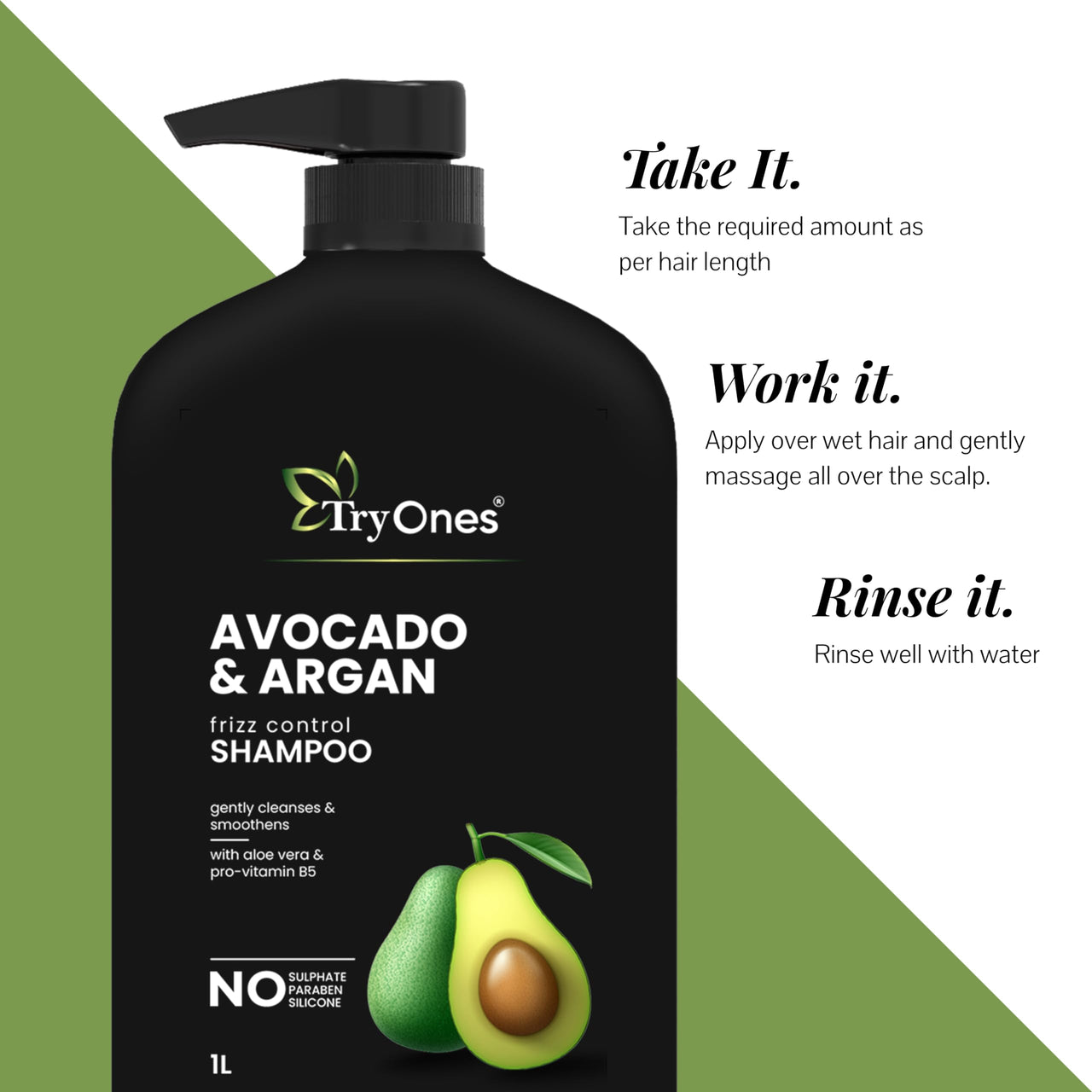 TryOnes Avocado Frizz Control Shampoo | For Curly, Wavy, Frizzy Hair | Reduces Frizz, Retains Moisture, Conditions Strands | 1000 ml