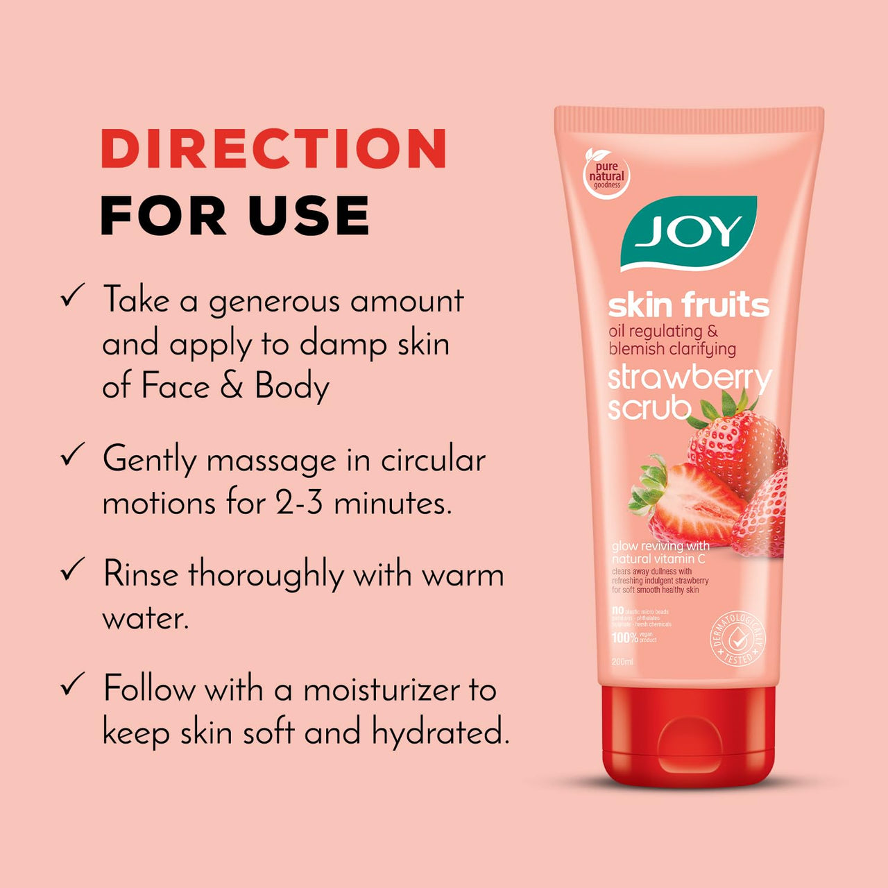 Joy Strawberry Face & Body Scrub for Blackhead Removal & Oil Control - 200gm | Exfoliating Scrub with Vitamin C, Controls Excess Oil & Removes Blemishes | 100% Vegan & Gentle on Skin