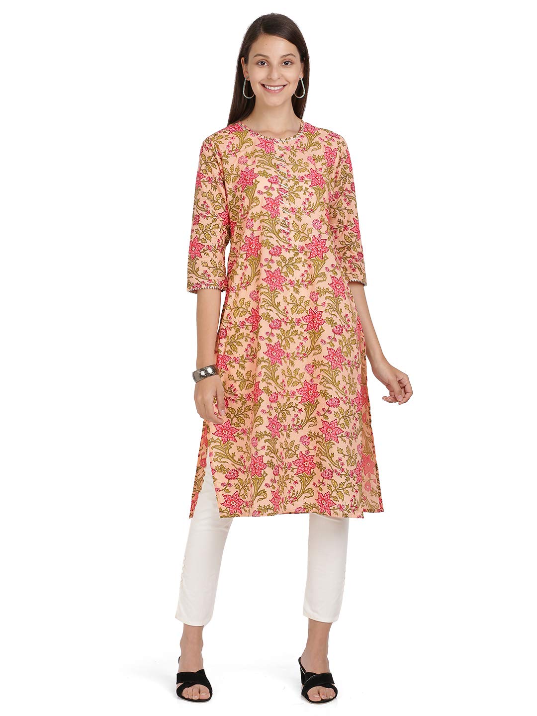 Vbuyz Women's  Floral Print & Gota Patti Straight Cotton Kurti M