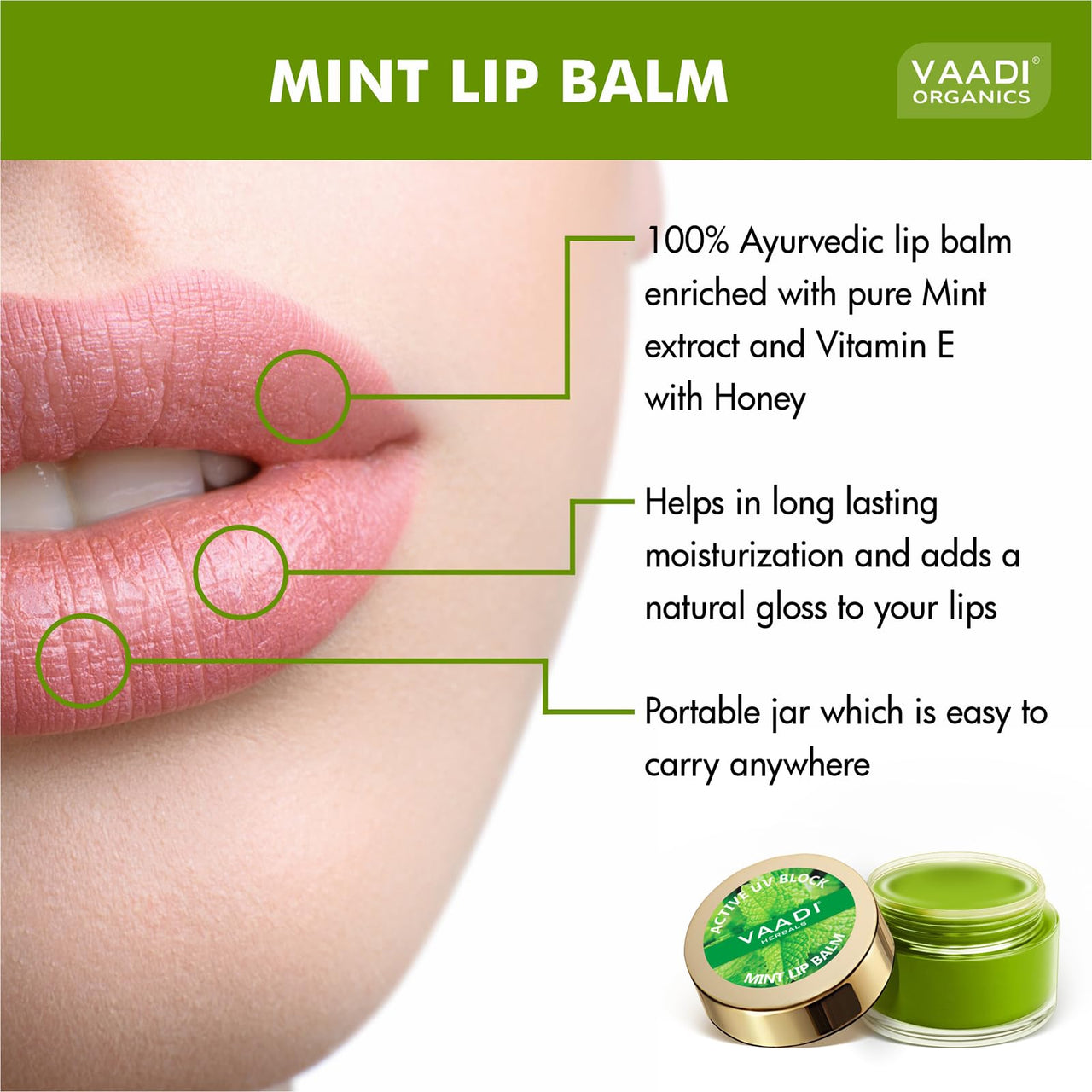 Vaadi Herbals Lip Balm, Mint, 10g
