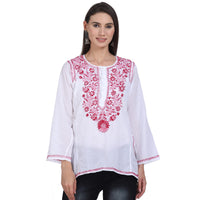 Paramount Women's  Chikankari Cotton White Straight Short Kurta Navy XS