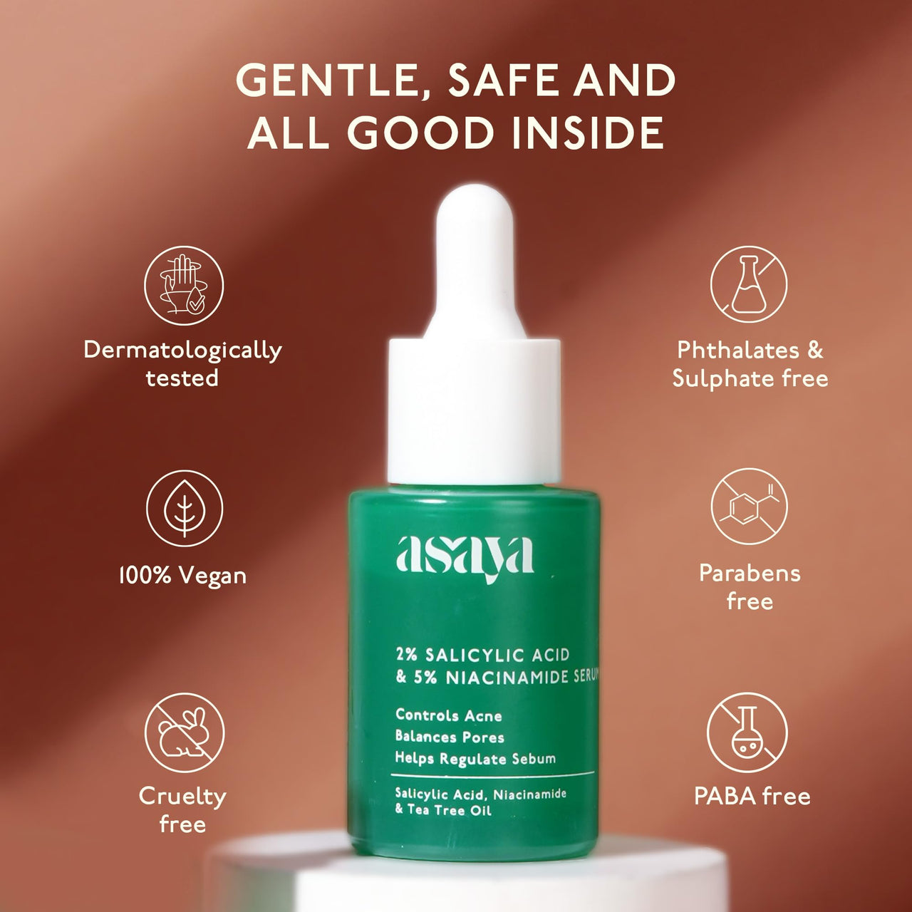 Asaya 2% Salicylic Acid Face Serum | 5% Niacinamide & Tea Tree Oil | Reduces Acne, Blackheads & Whiteheads | Unclogs Pores & Regulates Sebum | Fights Active Breakouts & Prevents Future Acne | Antibacterial & Anti-Inflammatory | Lightweight, Quick-Absorbin