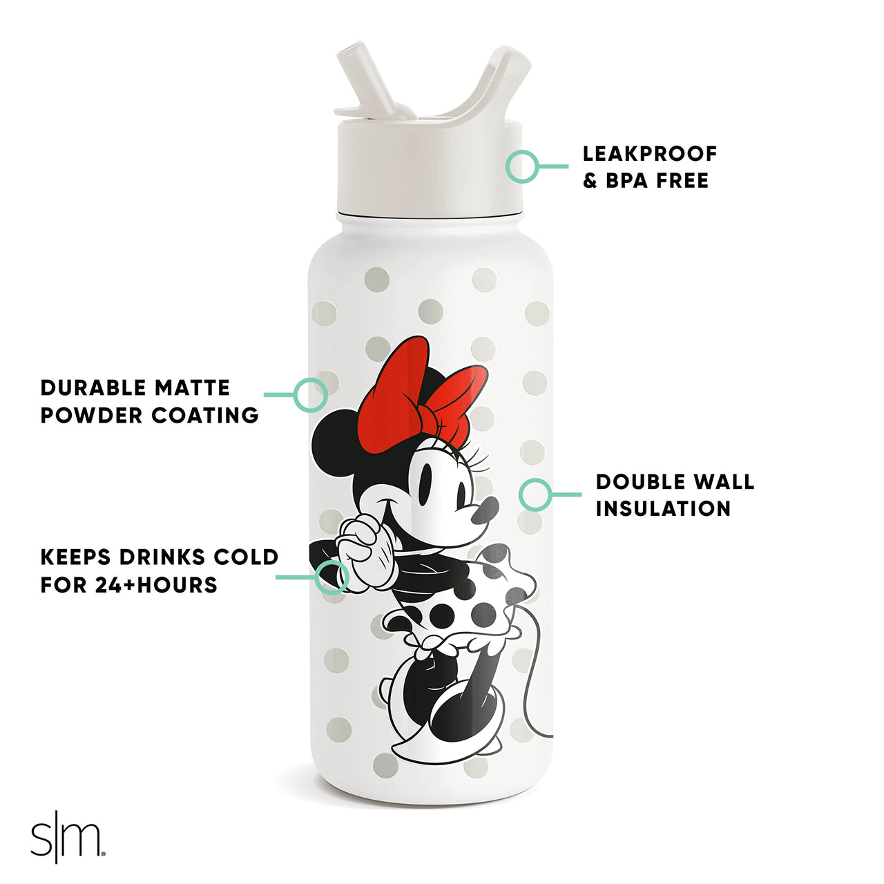 Simple Modern Disney Minnie Mouse Water Bottle with Straw Lid Insulated Stainless Steel Metal Thermos | Gifts for Women Men Reusable Leak Proof Flask | Summit Collection | 32oz Minnie Mouse Love