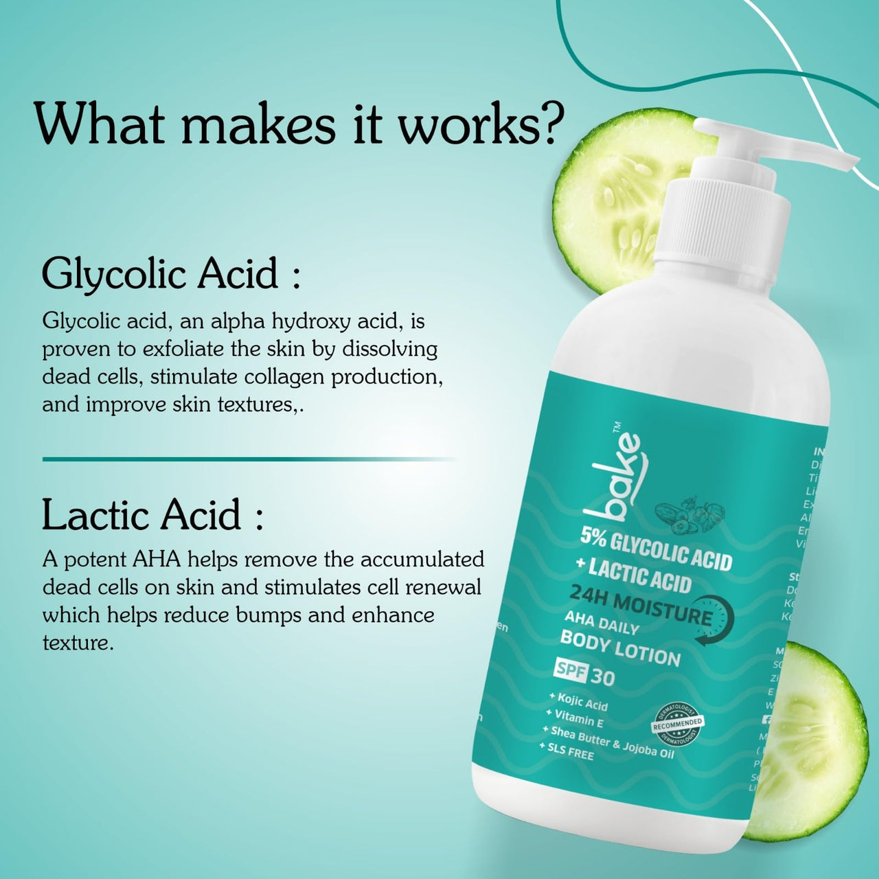 BAKE 5% Glycolic & Lactic Acid Body Lotion SPF 30 PA+++ for Dark Spots Body Acne | Dead Skin Removal & Uneven Skin Tone | 5% AHA Maxiimum Exfoliation | 200ml