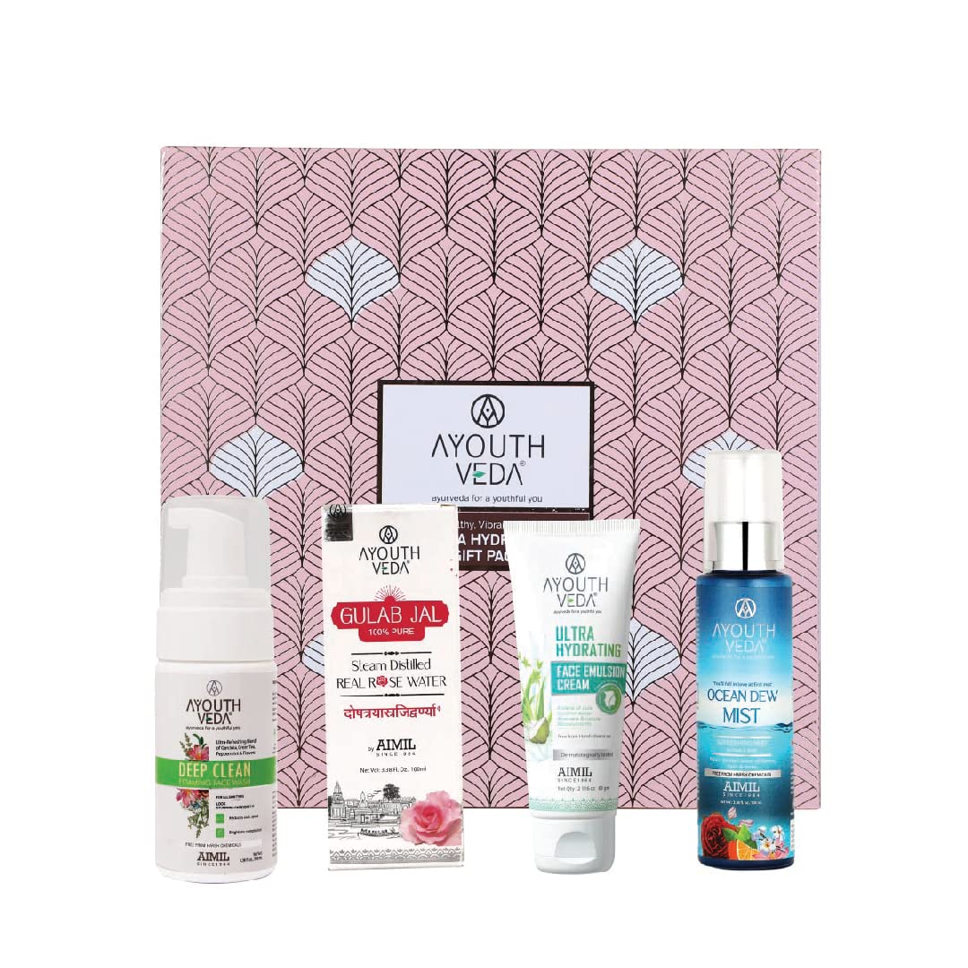 Ayouthveda Ultra Hydrating CTM Gift Pack | Ultra Hydrating Face Emulsion Cream, Ocean Dew Mist, Deep Clean Foaming Face Wash & Gulab Jal | Refreshing & Hydrating | Valentine Day Giftset