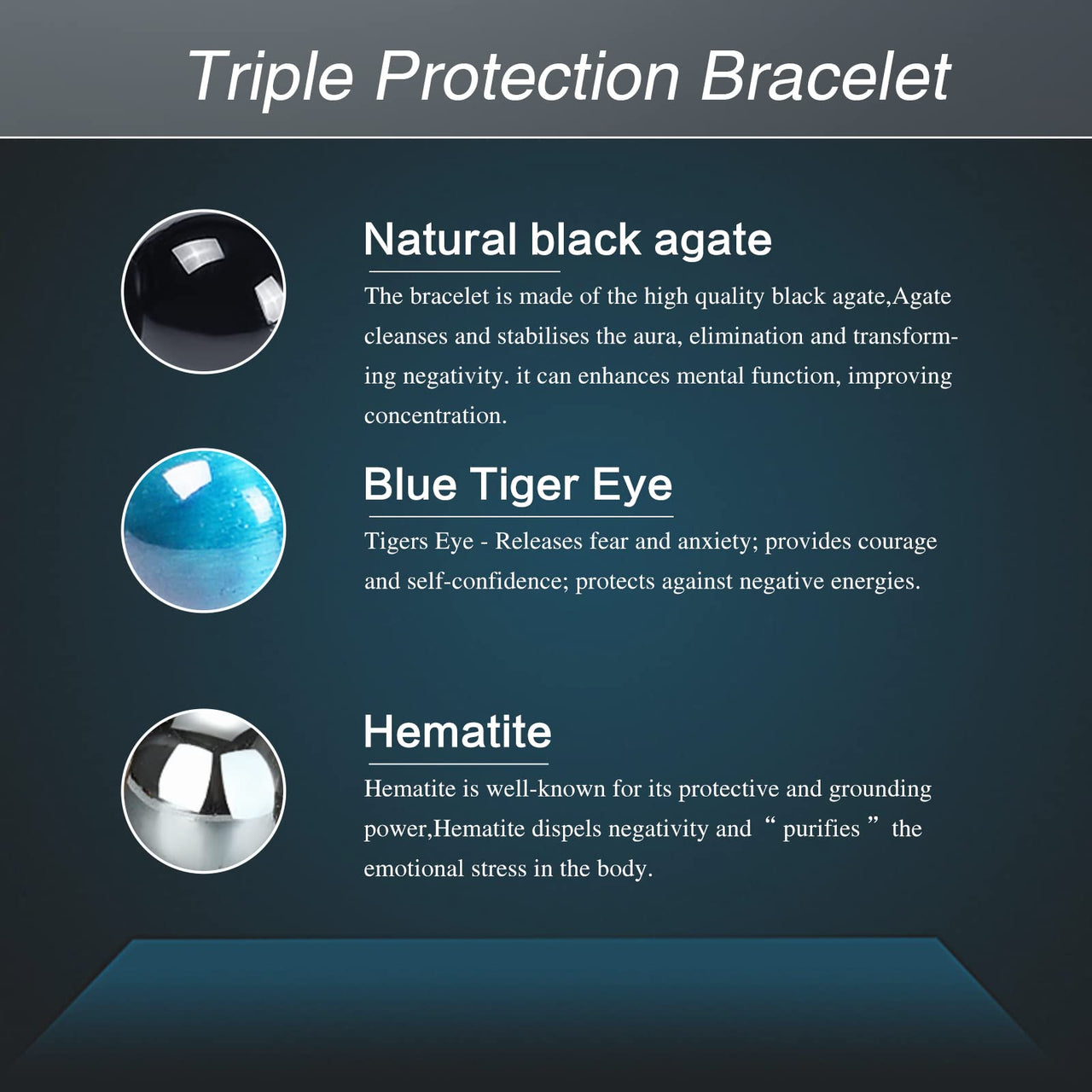 DHQH Triple Protection Bracelet 8/10MM Hematite Black Agate Tigers Eye Stone Bracelet Healing Crystal Natural Stone Bead Bracelets for Men Bring Prosperity Luck B-Blue Triple Bracelet 2