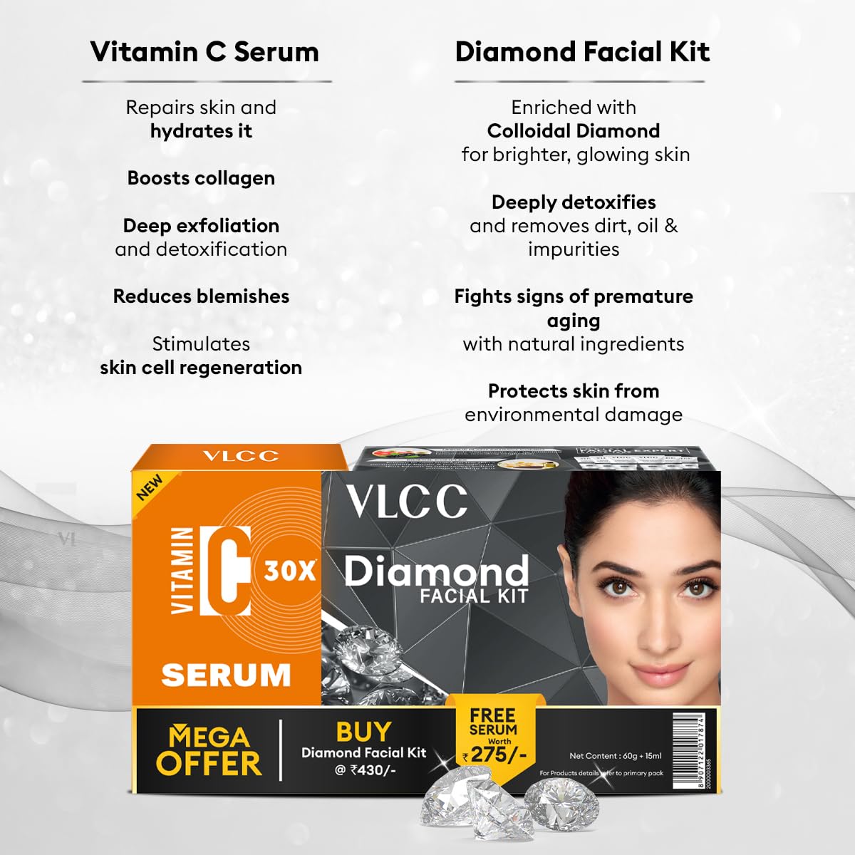VLCC Diamond Facial Kit - 60g with FREE Vitamin C Serum - 15ml for Skin Purification & Skin Hydration | With Colloidal Diamond, Jojoba Oil, Vitamin C, and Ferulic Acid