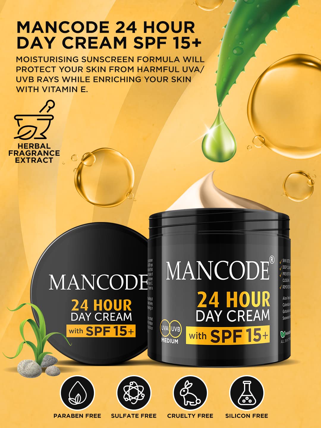 MAN CODE 24 Hours Day Cream For Men Spf 15+ Sun Tan Protection Improves Skin Elasticity Aloe Vera Enriched No Paraben Sulfate 100Gm Creams For Men (Pack Of 1)