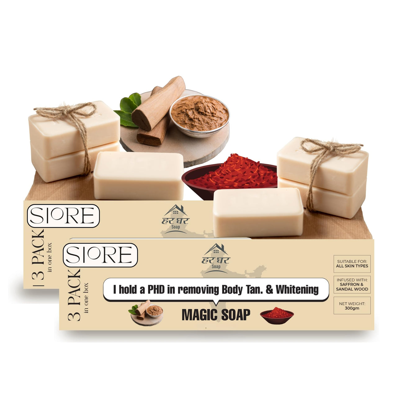 HarGhar Sandalwood & Saffron Bath Soap, 600g, Pack of 6, Handmade, Paraben Free