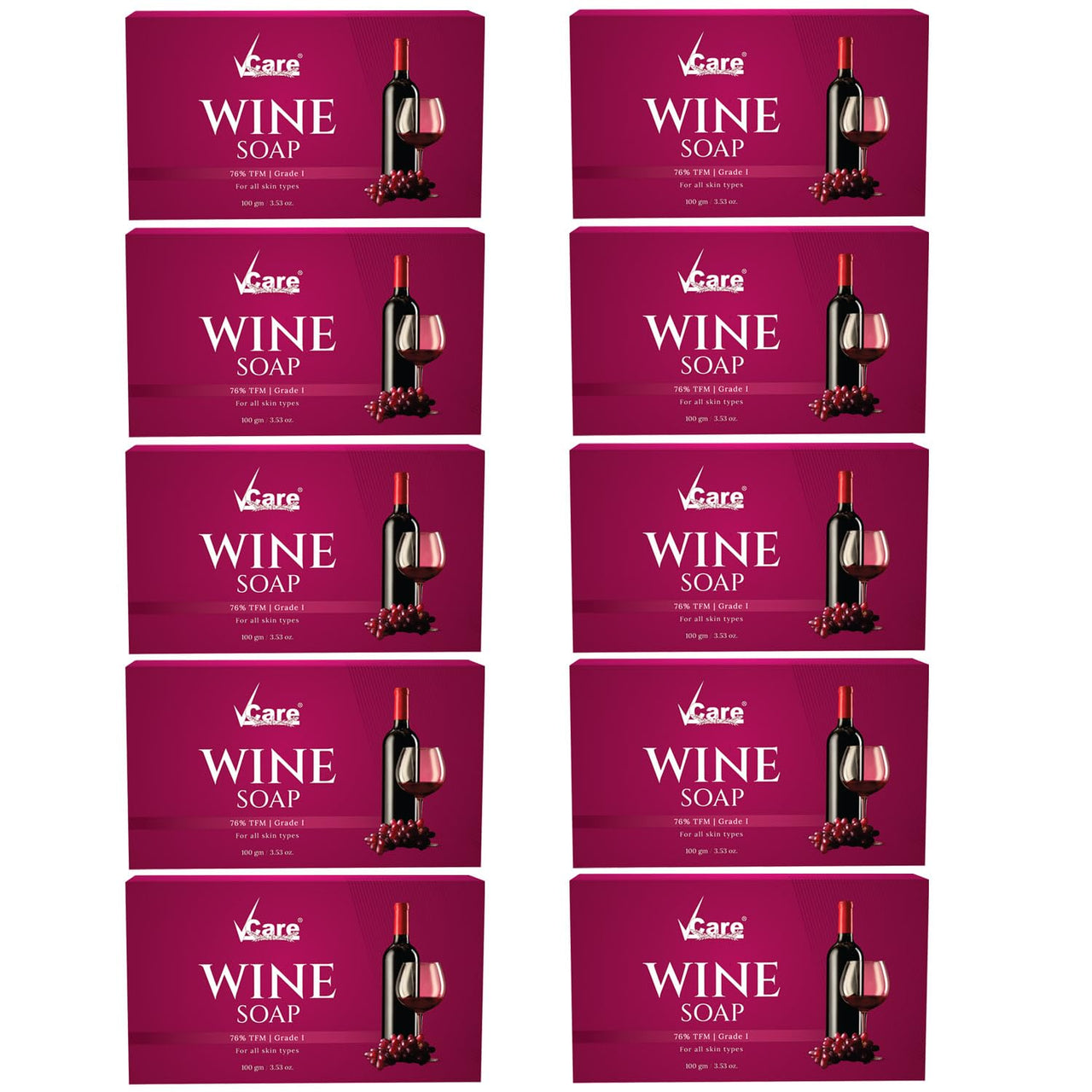 VCare Red Wine Bathing Bar/Soap for Body, Hand, Face 100 gm - Helps to Reduce Fine Lines and Wrinkles for Men and Women (Pack of 10)