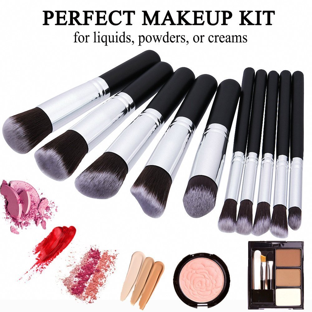 URBANMAC Premium Synthetic Kabuki Foundation Face Powder Blush Eyeshadow Brush Makeup Brush Kit with Blender Sponge and Brush Cleaner (10 pcs, Black/Silver)
