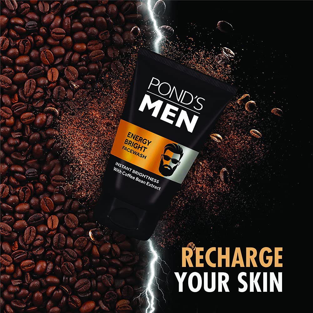 POND'S Men, Energy Bright Facewash, 100g, for Instant Brightness, with Coffee Bean Extract & Menthol, Anti-Dullness & Brightening Face Wash, Specially Developed for Men