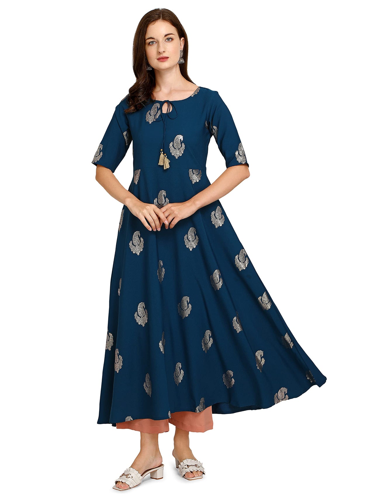 FIORRA Women's  Blue Poly Crepe Flared Kurta