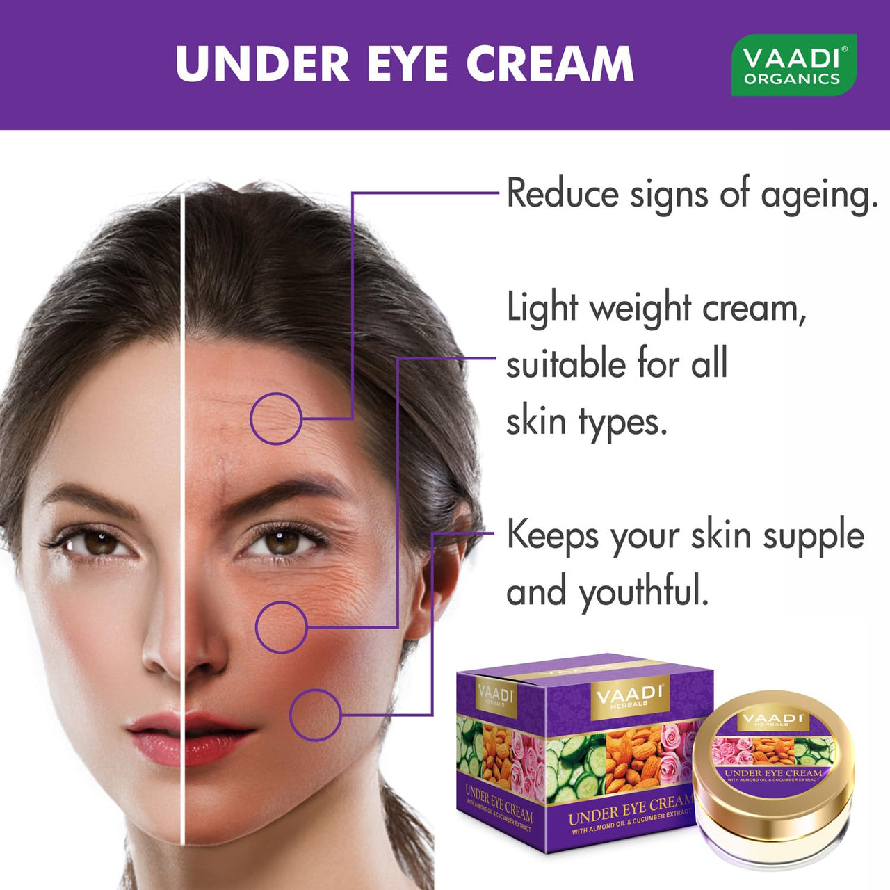 Vaadi Herbals Under Eye Cream, Almond Oil and Cucumber Extract, 30g x 3