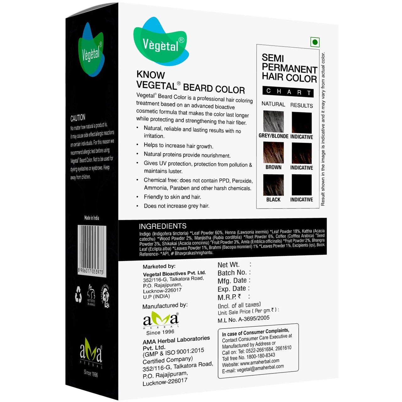 Vegetal Safe Color Natural Beard Colour, Chemical-Free, Soft Black, 25g. (Pack of 3)