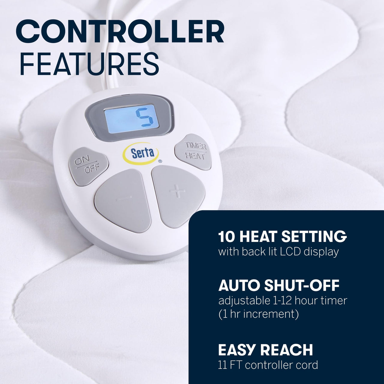 Serta Heated Mattress Pad Twin Size - Electric Mattress Pad, 10 Heat Setting Controller, Auto Shut Off Timer, Deep Elastic Pocket, Up to 17" Mattress, ETL Certified, Machine Wash, Twin, White