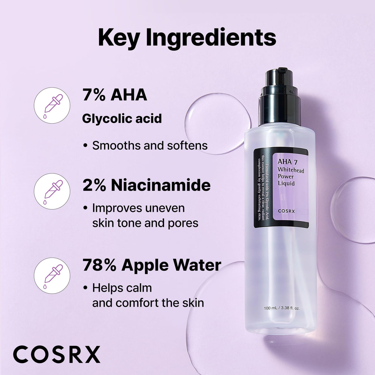 COSRX AHA 7 Whitehead Power Liquid, 3.38 fl.oz / 100ml, Whitehead Remover, Glycolic Acid 7%, AHA Exfoliant, Pore Minimizer, Korean Skin Care, Animal Testing Free, Paraben Free