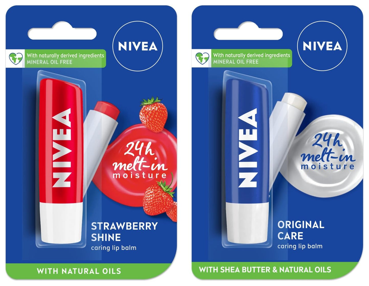 NIVEA Lip Balm, Original Care & NIVEA Lip Balm, Fruity Strawberry Shine,4.8 g (Pack of 2)