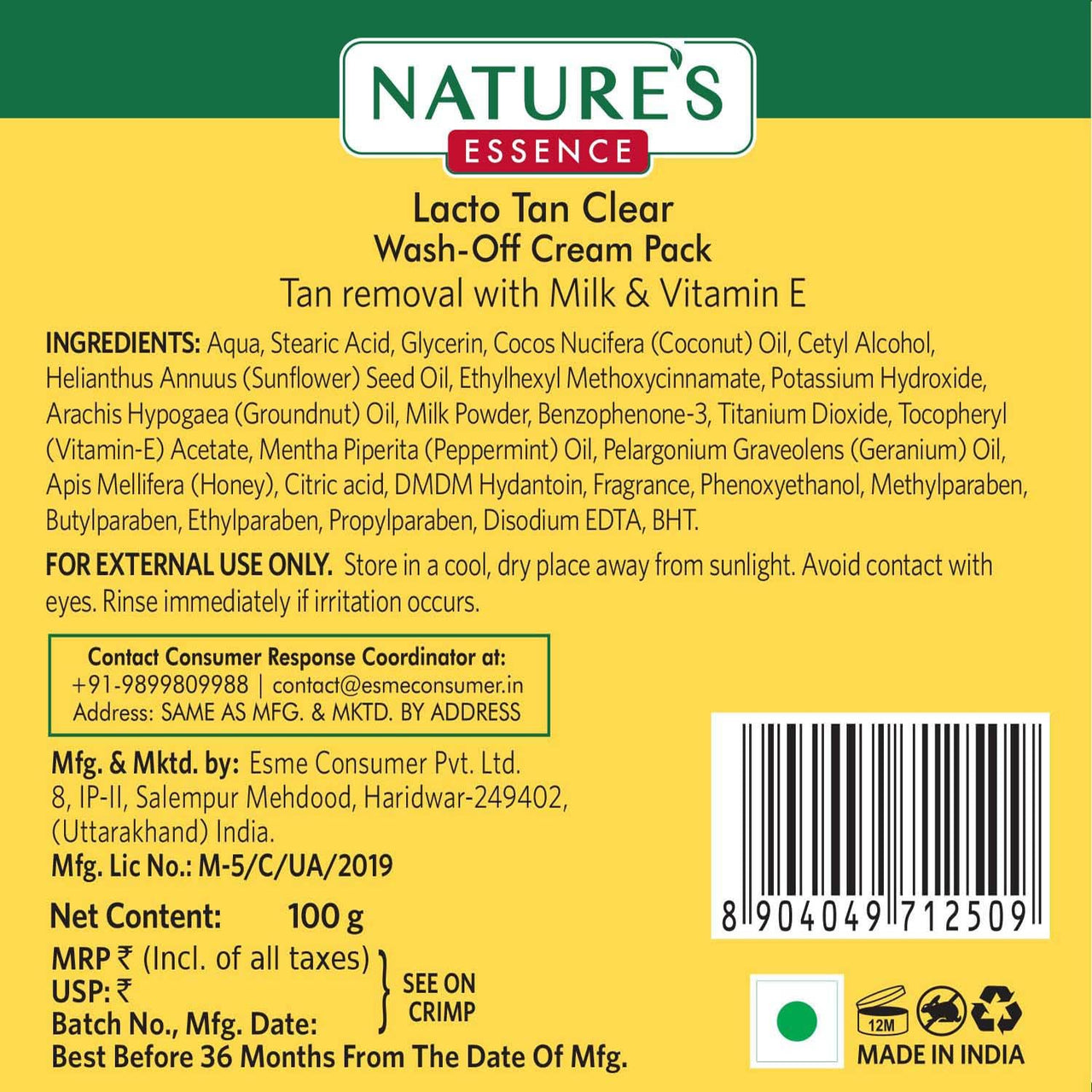 Nature's Essence Lacto Tan Clear, 100 gms
