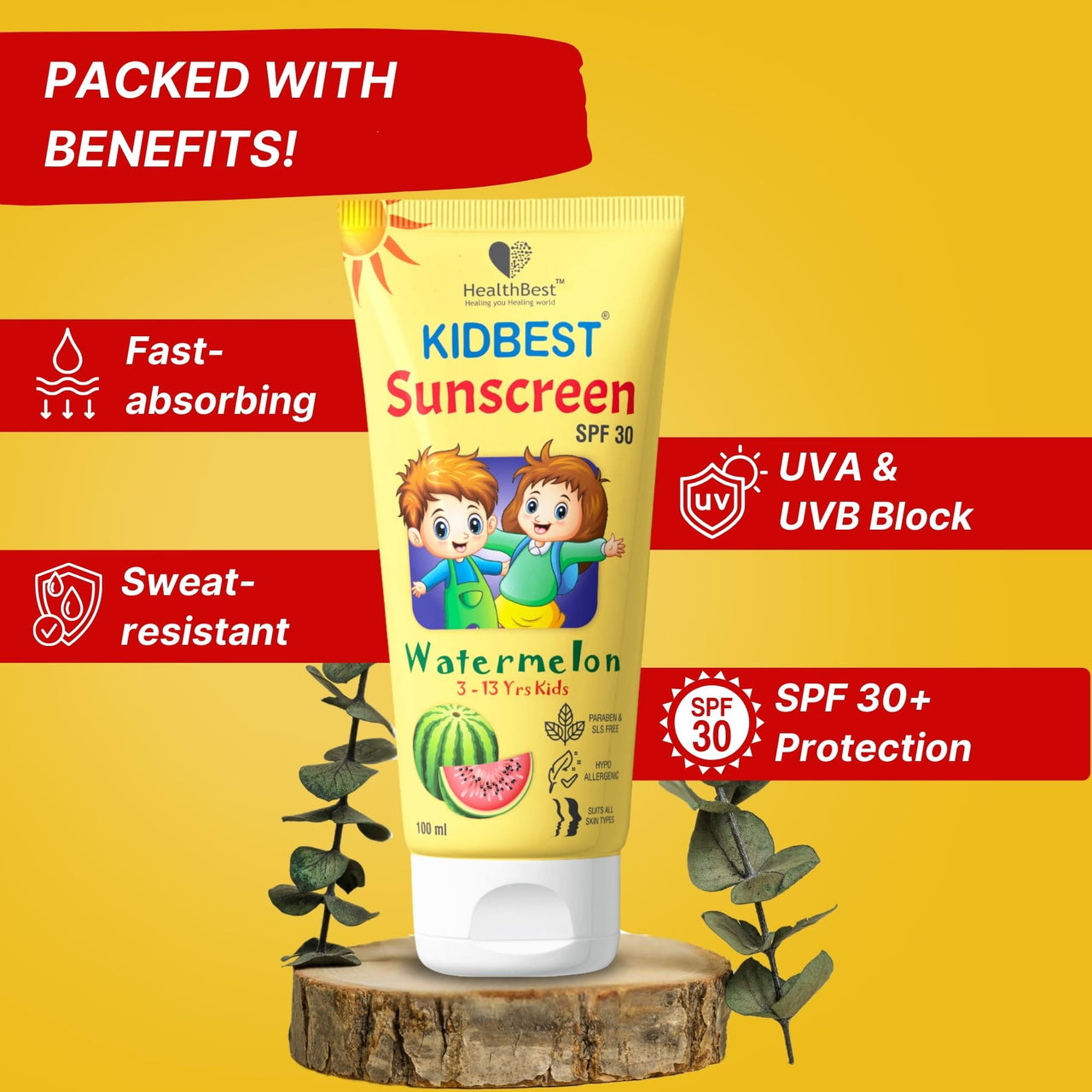 Healthbest Kids Watermelon Cooling Sunscreen SPF 30, PA+++, 100 ml - Vegan, Boosts Vitamin D Absorption, Prevents Tanning, Hydrates All Skin Types