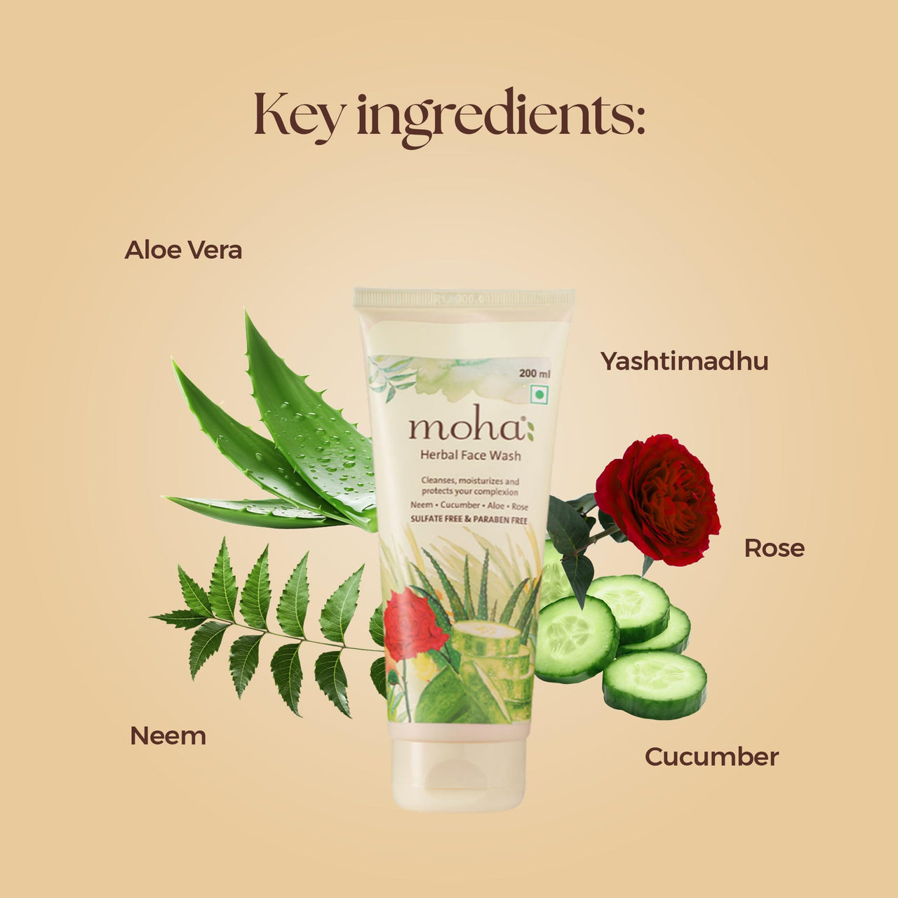 moha: Herbal Face Wash With Goodness Of Neem, Aloevera, Cucumber, Rose & Yashtimadhu for Healthy, Soft & Glowing for all age groups -100 ml (Pack of 2)