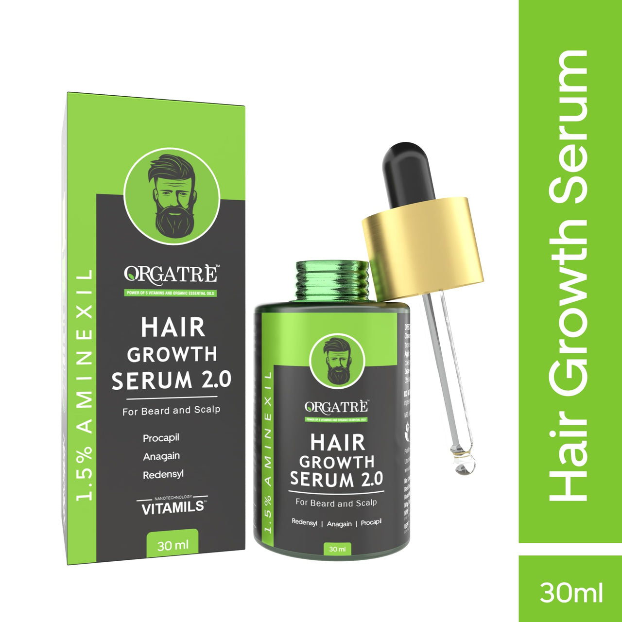 ORGATRE Hair Growth Serum 2.0-30ml | For Beard & Scalp | Reduces Hairfall & Thinning | 1.5% Aminexil, Redensyl, Anagain & Procapil | Hair Growth Serum for Men & Women