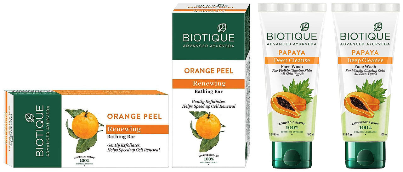 Biotique Bio Papaya Visibly Ageless Face Wash, Pack of 2, 200 ml (2 x 100 ml) and Biotique Bio Orange Peel Revitalizing Body Soap, 150g