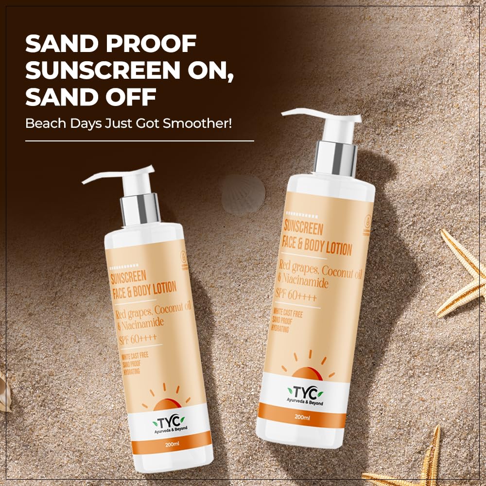 TYC - TRUST YOUR CHOICE Sunscreen Spf 60++++ Face And Body Lotion, With Coconut Oil And Niacinamide, No White Cast And Sand Proof, Hydrating Ayurvedic And Natural, For All Skin Types (200 Ml)