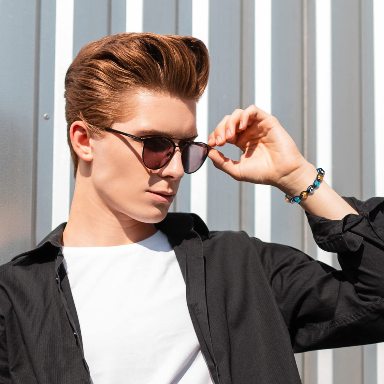 Tiger Eye Triple Protection Bracelet, Hematite Black Obsidian Tiger Eye Bracelet for Men Women Stone 10mm Bead Crystal Healing Bracelet, Anti-anxiety Bracelet A-Blue Tiger Eye