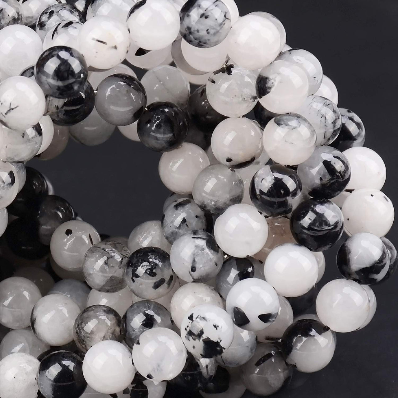 80Pcs Natural Crystal Beads Stone Gemstone Round Loose Energy Healing Beads with Free Crystal Stretch Cord for Jewelry Making (Tourmaline Quartz, 10mm) Tourmaline Quartz