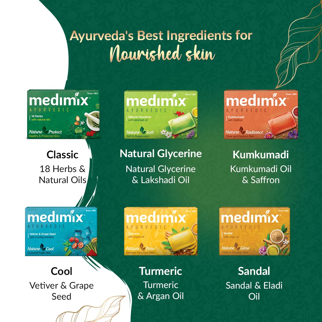 Medimix Ayurvedic Skinfit Pack - 125 g | Pack of 6 unique Soaps | Skin Protection | Glowing Skin | Soft Skin | Radiant Skin | Cool Skin | Ayurvedic Soap | Paraben Free | Vegan