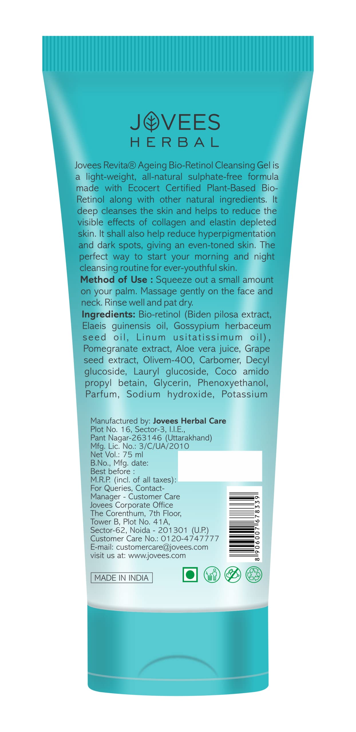 Jovees Herbal Bio-Retinol Revita Ageing Cleansing Gel To Reduce Fine Lines & Wrinkles 75ml