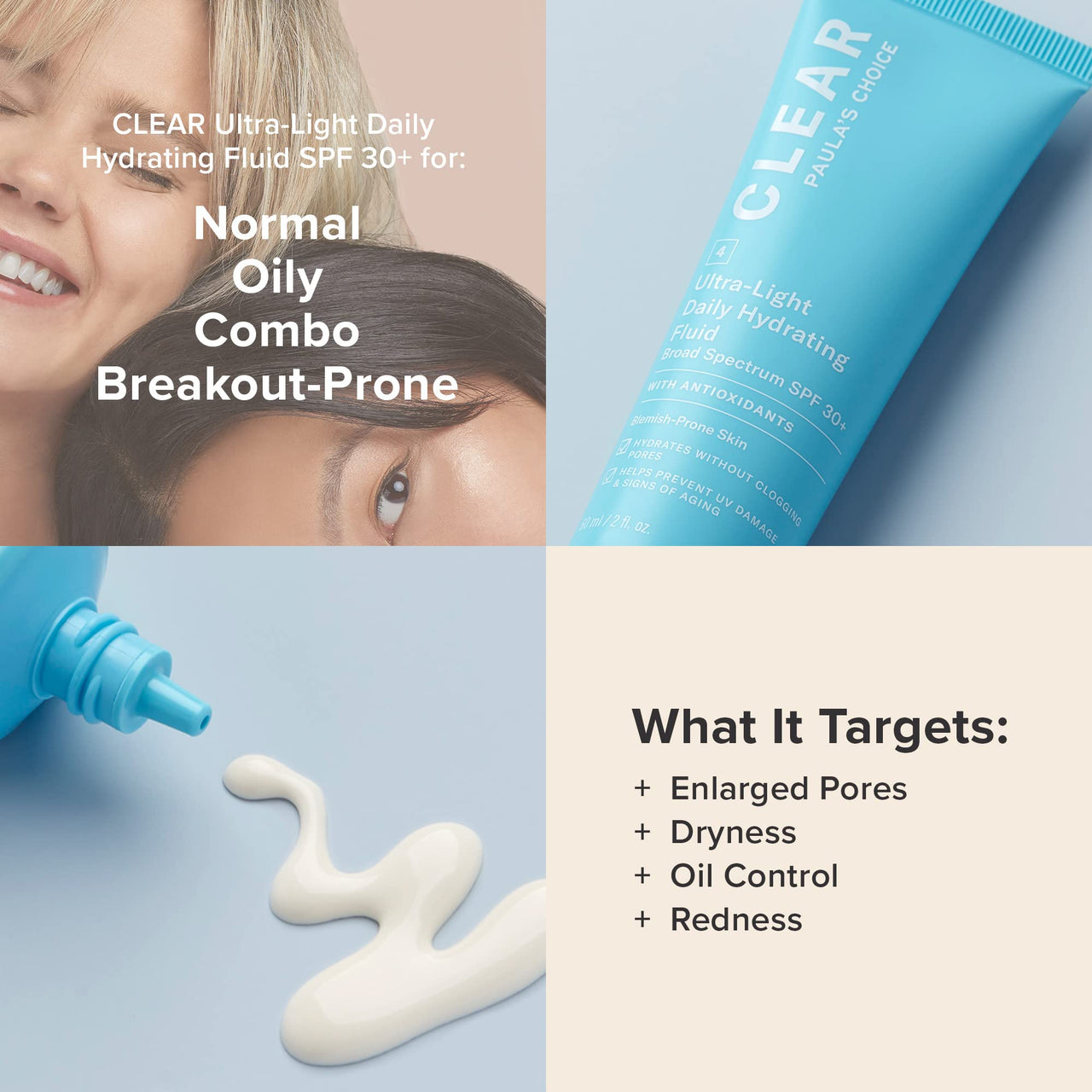 Paula's Choice CLEAR Ultra-Light Hydrating Oil Free Face Sunscreen & Moisturizer, SPF 30 Sunscreen for Face with Green Tea & Chamomile, Pore Minimizer for Blemish- Prone Skin, UVA/UVB Protection - 60 ml