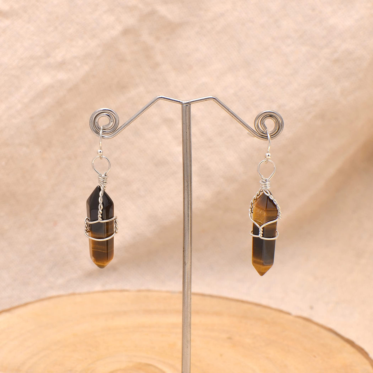 Natural Tiger Eye Wire Wrapped Point Crystal Earrings for Women Reiki Energy Healing Natural Tiger Eye