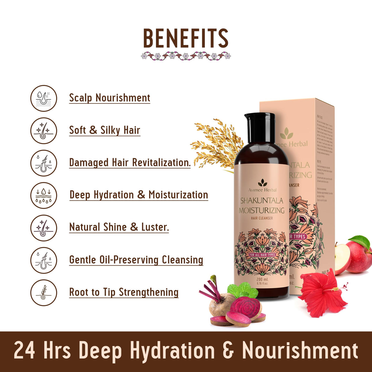 Avimee Herbal Shakuntala Moisturizing Hair Shampoo With Hyaluronic Acid | 24 Hrs Deep Hydration & Nourishment, Repairs Dry & Damaged Hair | For Men & Women | 200 mL