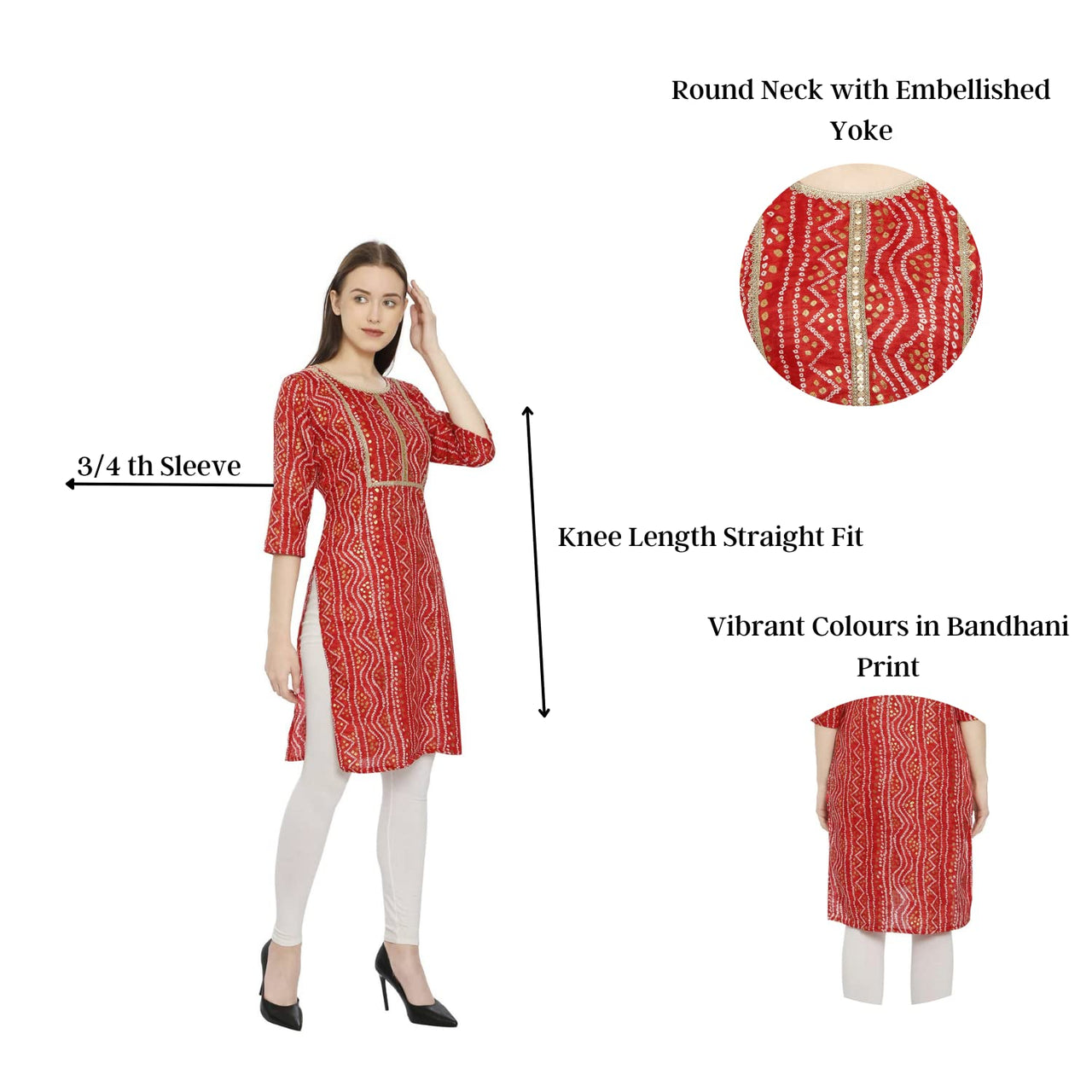 InTrend Forever Bandhani Foil Print Designer || Cotton Kurta for Ladies || Straight Fit || Zari & Sequins lace || Kurtis for Women