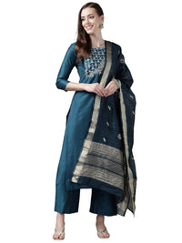 INDO ERA Women's  Silk Blend Embroidered Straight Kurta Palazzo with Dupatta Set (Teal_KH9TL9240_XS to 2XL-Size)