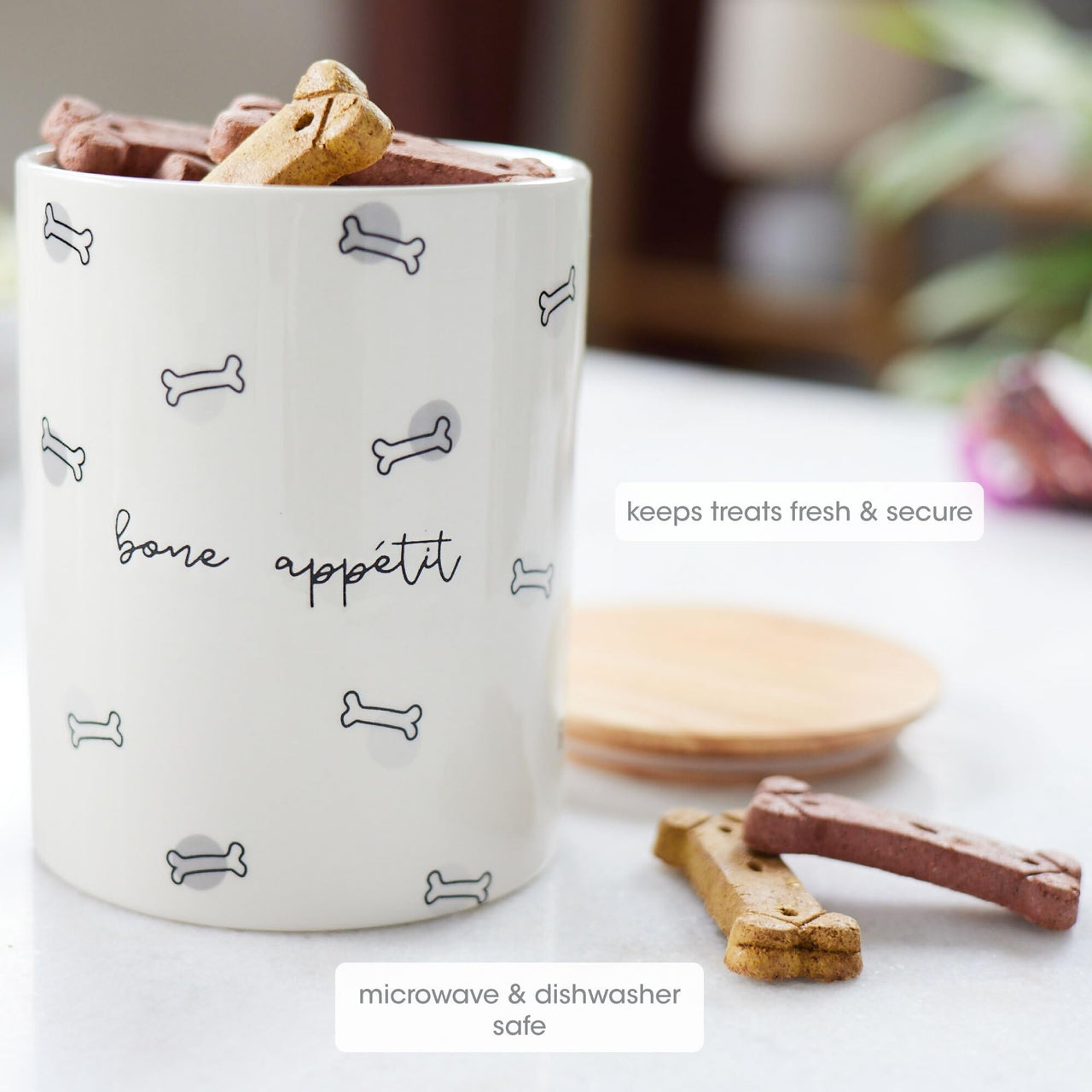 Pearhead Bone Appetite Treat Jar, Ceramic and Wood Pet Treat Canister, Modern Neutral Color Home Kitchen Accessories, Dishwasher Safe, Silicone Seal Lid For Freshness, Dog Biscuit Storage Treat Jar - Bone Appetite
