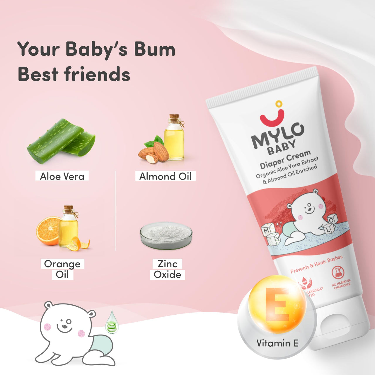 Mylo Baby Diaper Rash Cream 50gm | Prevents and Heals Rashes | With 15% Zinc Oxide | Care with Aloe Vera, Almond Oil & Vitamin E